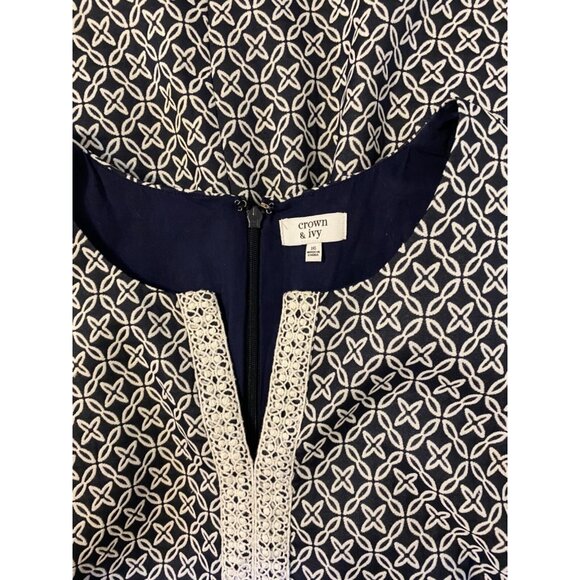 Crown & Ivy Dress Navy Blue White 16 Print A Line Cotton Lined Stretch Washable - Picture 5 of 6